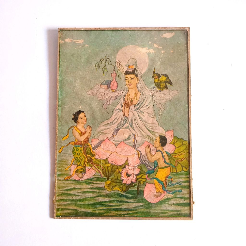 Antik Vintage Hiasan Dinding Cina Dewi Kwan Im Kertas Lapis Kaca Tua Lama Layak Koleksi