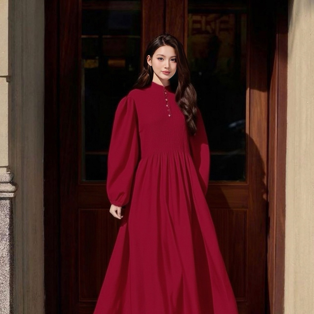 Midi Dilla Dress Polos Lengan Balon Bahan Bahan cringkle airflow Premium Tebal Midi Panjang Wanita D