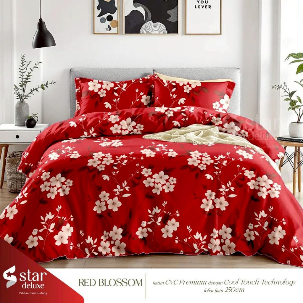 SILIKI Bedcover Set Sprei Katun CVC STAR Motif Red Collection Ukuran 140x200 160x200 180x200 200x200