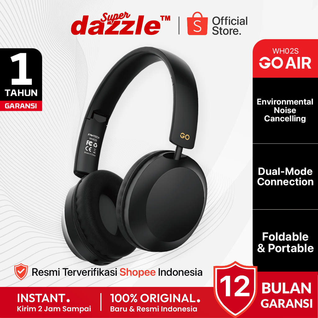 FANTECH WH02S GO AIR Headset Bluetooth Headphone Wireless Mic Stereo Bass Nyaman for HP Laptop