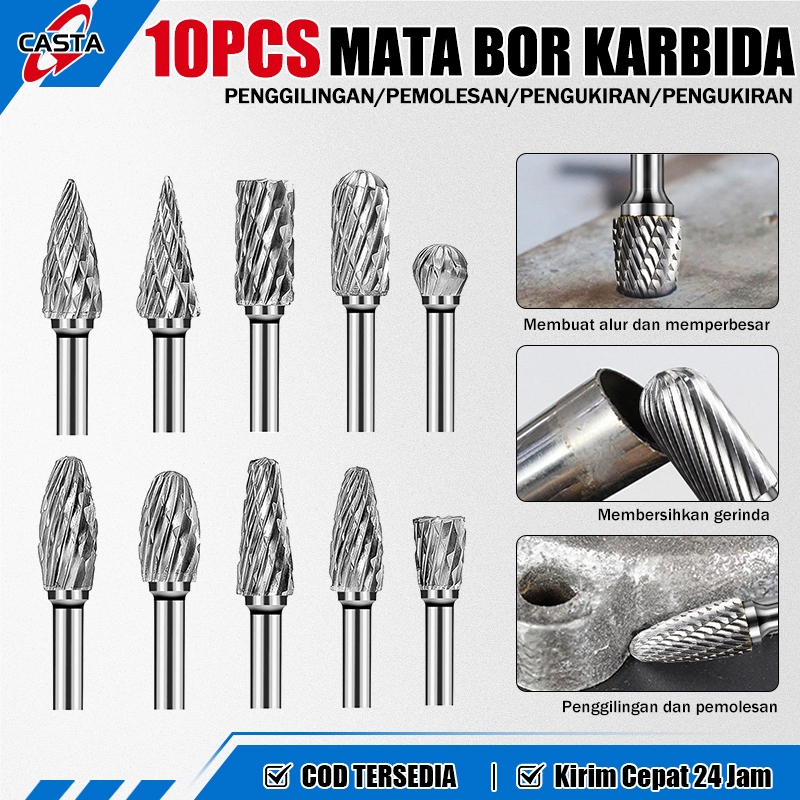 CASTA Set 10 PCS Mata Gerinda Mini Karbida – Rotary Tool untuk Pahat Kayu, Poles Logam, Menghilangka