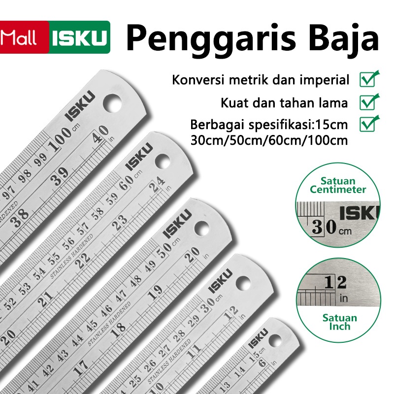 ISKU Penggaris Besi 15/30/50/60/100cm Stainless Steel Ruler