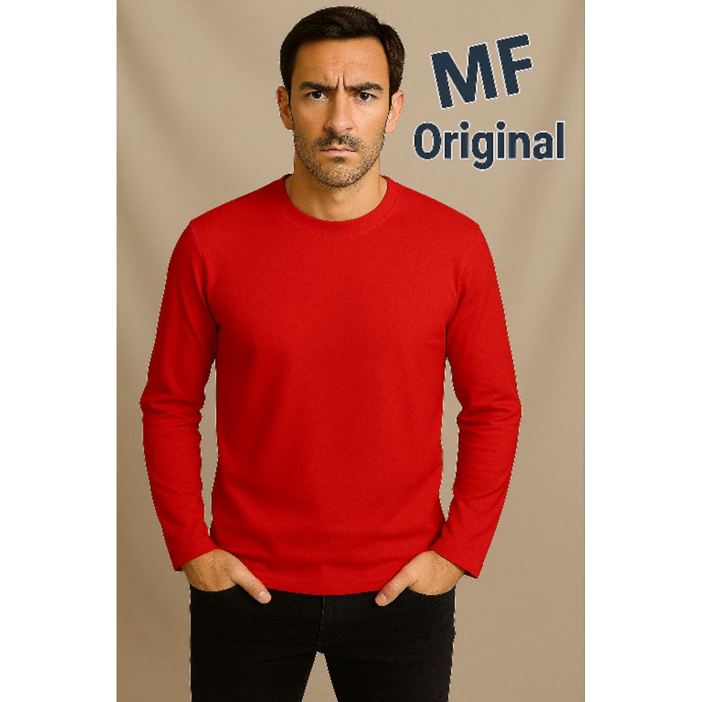 Baju Kaos Oblong Polos Lengan Panjang Unisex Katun Combed Merah Bata Kaos Pria Dan Wanita Tangan Pan