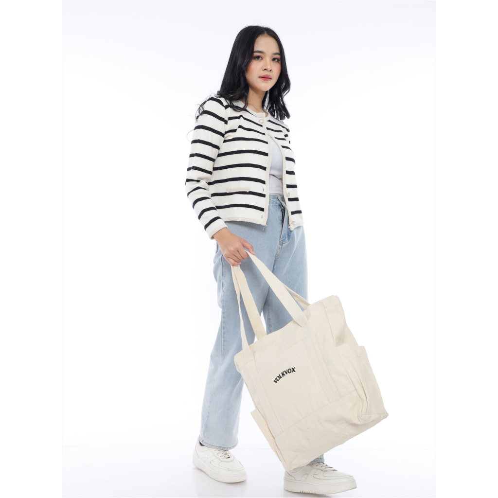 VOLKVOX Totebag Charlotte Putih Logo  - Totebag Kanvas Resleting Putih Tulang Tote Bag Kerja Totebag