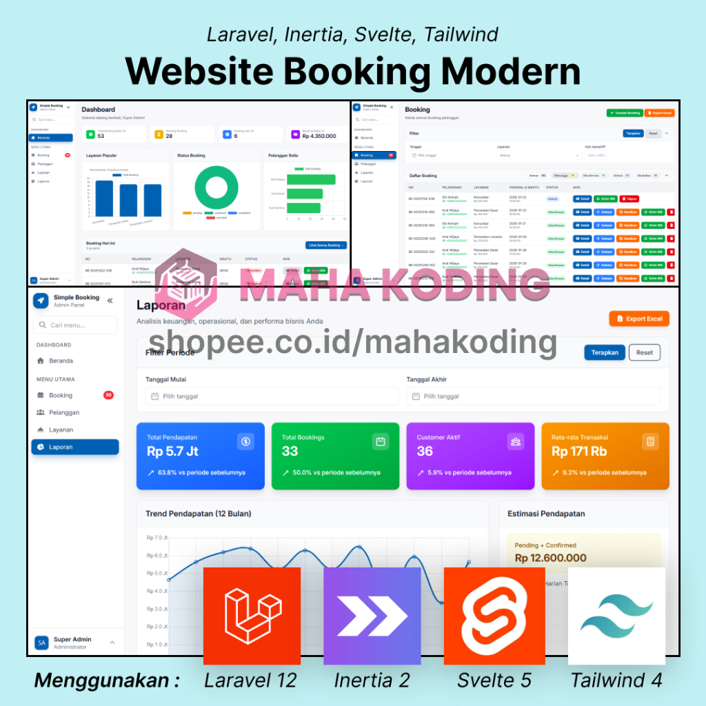 Source Code E-Booking Laravel + Inertia + Svelte (Siap Dikembangkan)