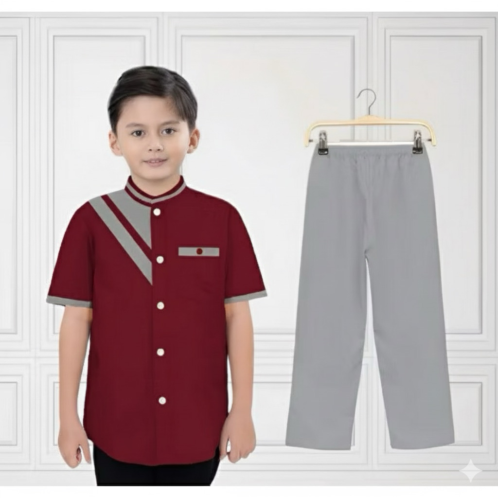 Setelan Baju Koko Anak Laki-Laki Lengan Pendek - Kombinasi Merah Marun & Abu-Abu