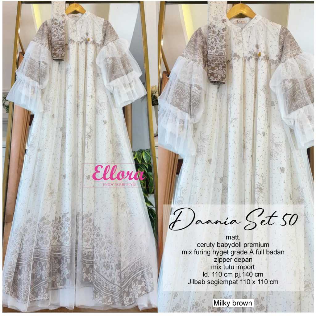 DAANIA Set 50 Original Ellora Gamis Set Hijab Maxi Dress Wanita Premium Bahan Ceruty Babydoll Furing