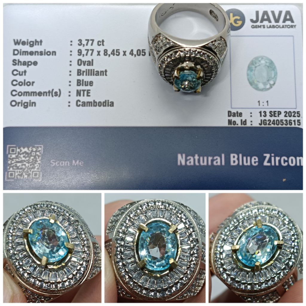 Natural Blue Zircon Cambodia 3,7ct Clean memo GLI Top Luster