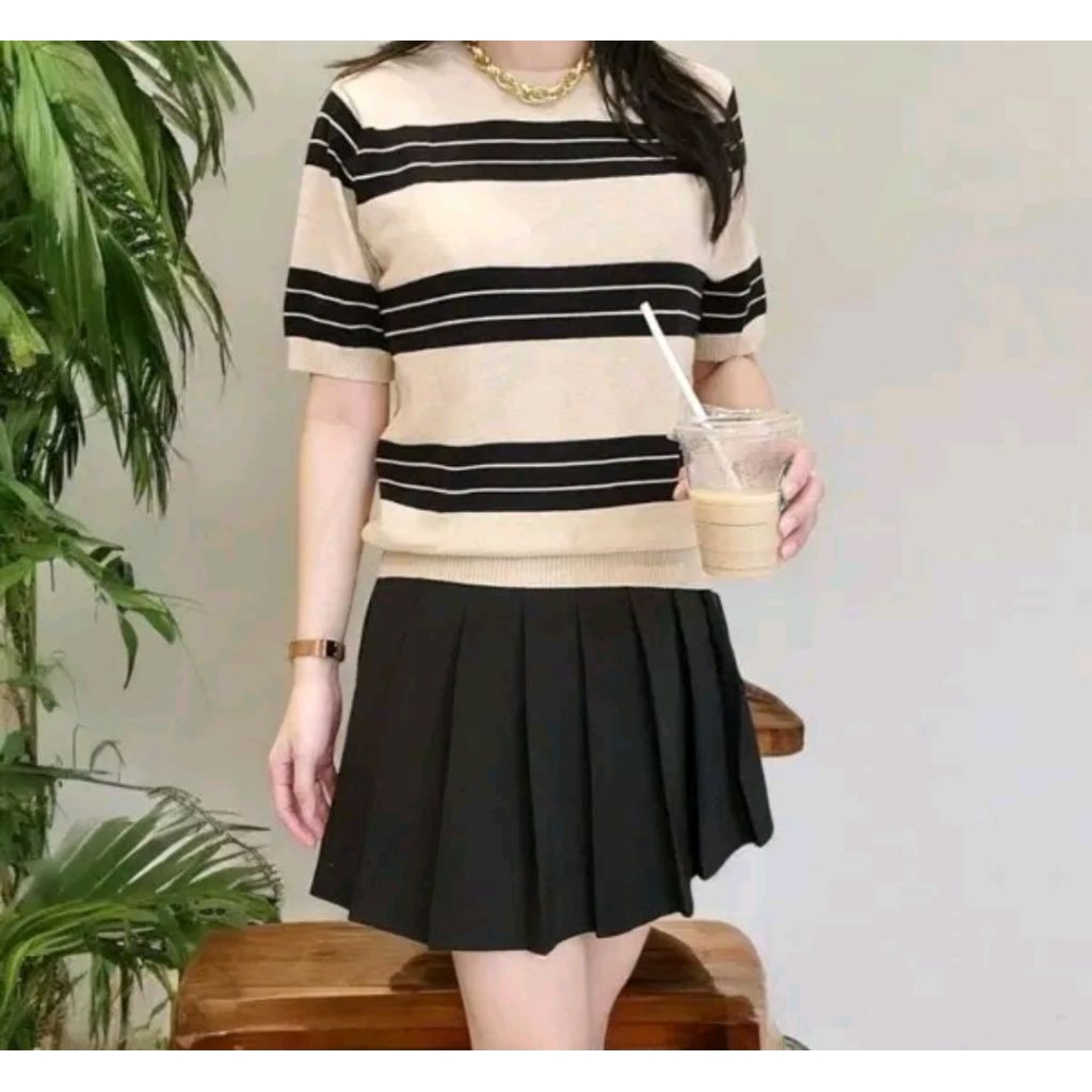 Baju rajut atasan wanita / Baju rajut lengan pendek / Baju rajut garis garis