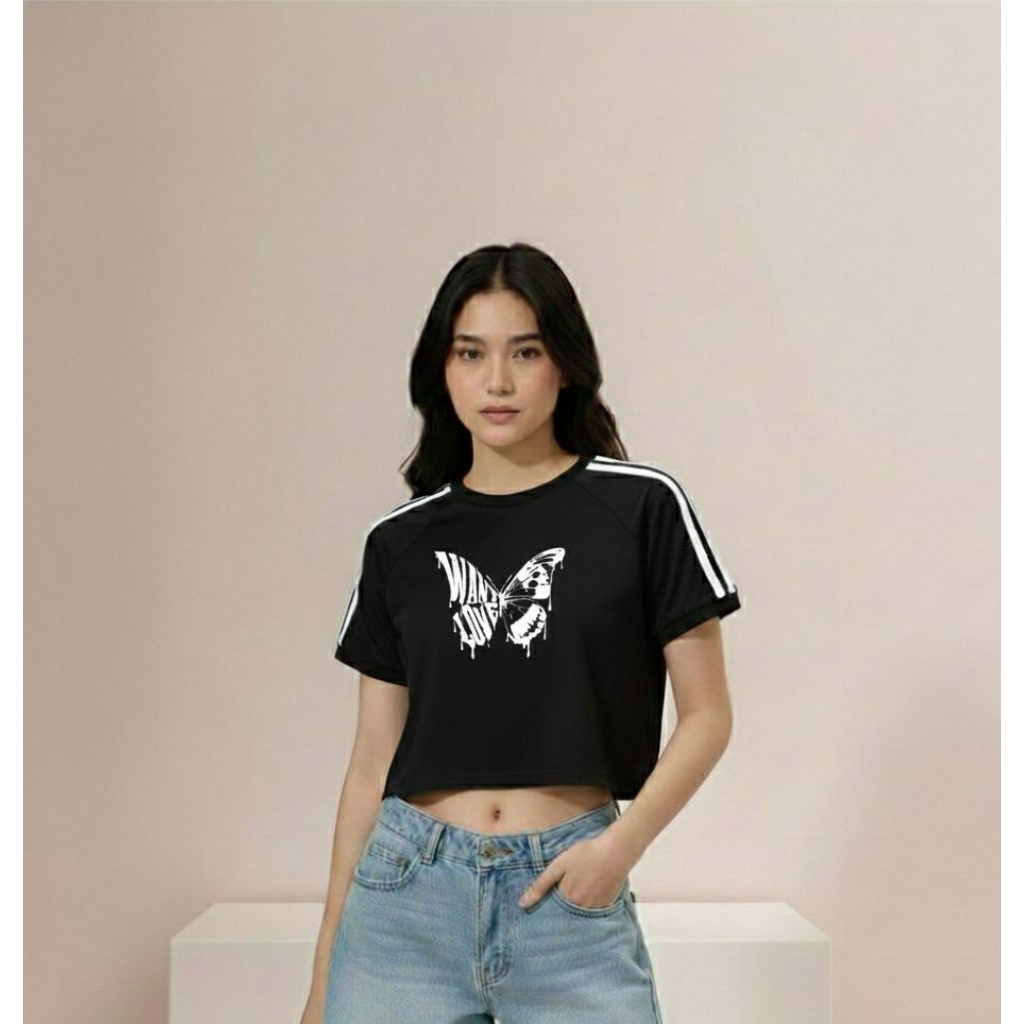 kupu kupu - Crop top wanita - T-shirt Crop Top Lengan Pendek cewek - atasan Crop top - kaos crop Str