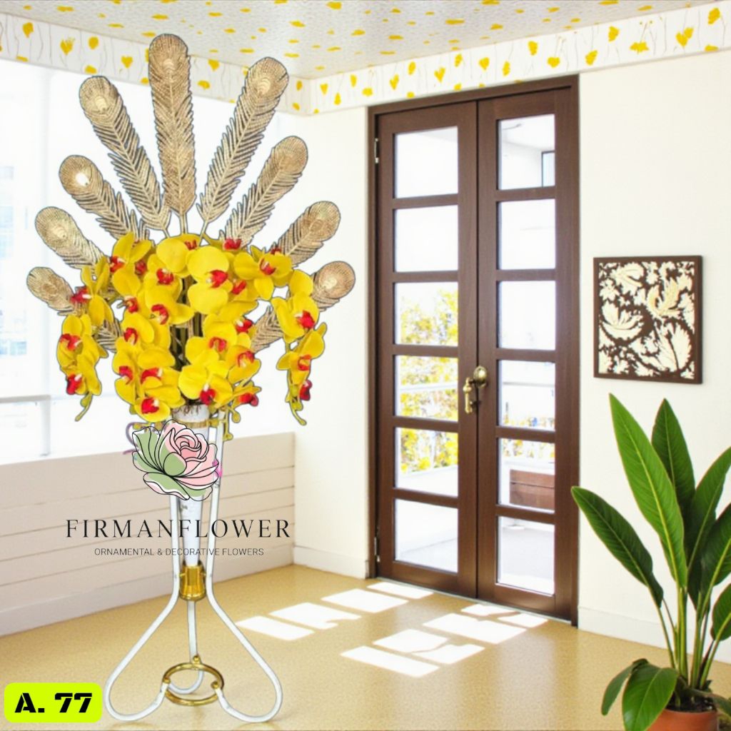 Bunga Hias Anggrek Latex Premium Kombinasi Dengan Merak Gold Satu Set Lengkap Dengan Vas/Pot Corong 