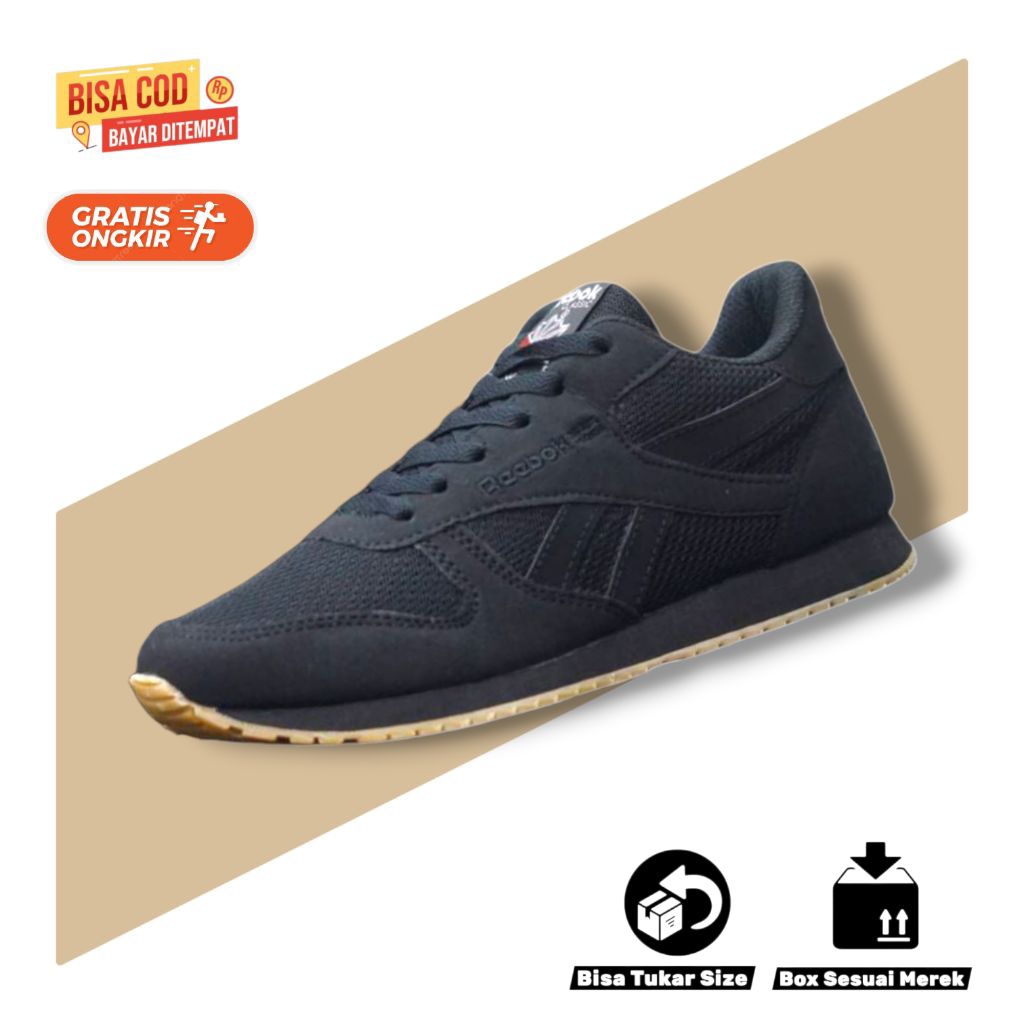 Sepatu Sneaker Kasual Kets Hitam Polos Fashion Pria Re ebok Klassik Full Black Gum Hitam Polos Ukura