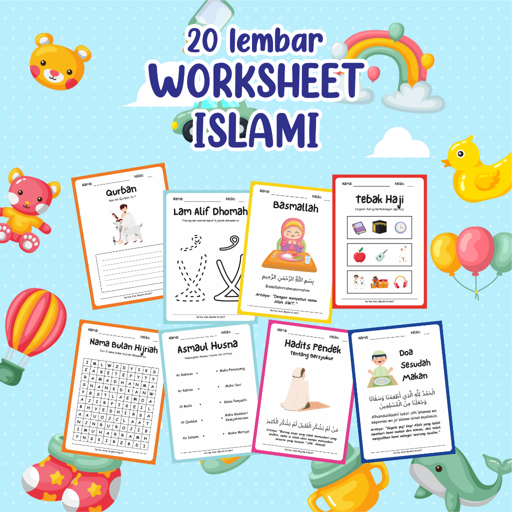 Paket Worksheet Islami Anak A5 20 Lembar – Belajar Agama Islam Sejak Dini, Cocok untuk PAUD, TK & SD