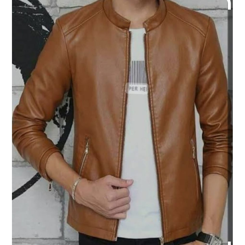 jaket kulit domba asli garut pria sulam coklat muda