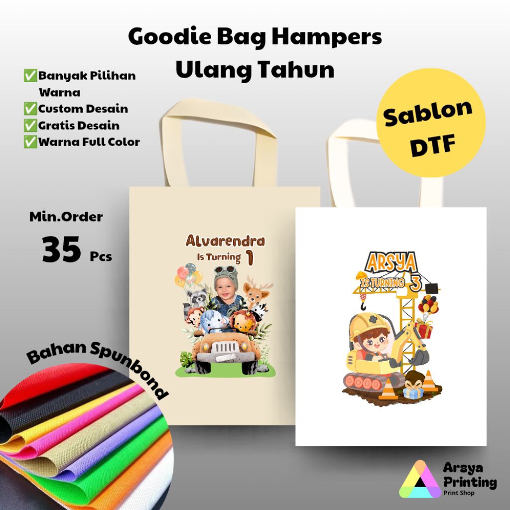 Tas Goodie Bag Hampers Ulang Tahun Custom Sablon DTF Tas Ulang Tahun Anak Tas Hampers