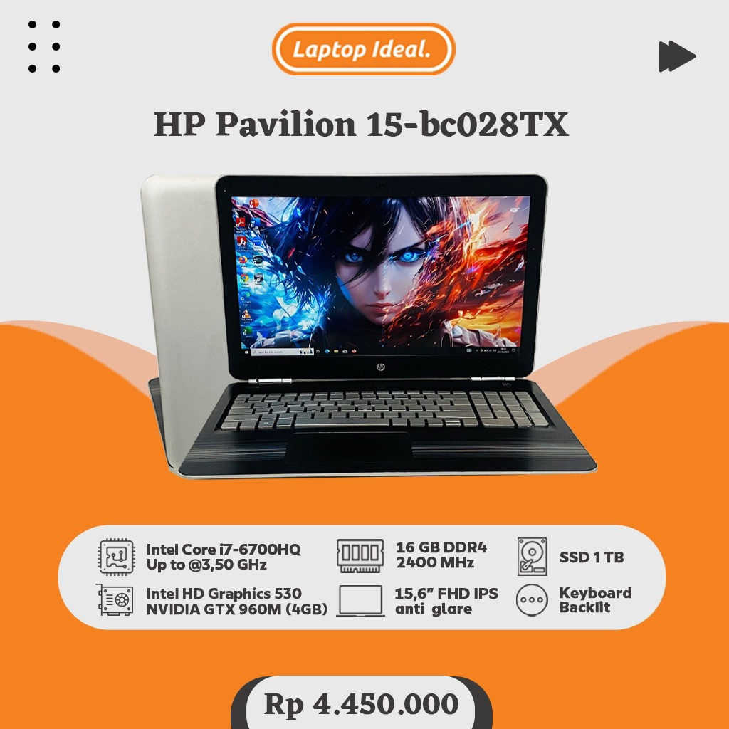 HP Pavilion 15-bc028TX GAMING i7 gen 6 RAM 16 GB SSD 1 TB DUAL VGA GTX 960M 4GB DDR5 FHD BACKLIT MUL