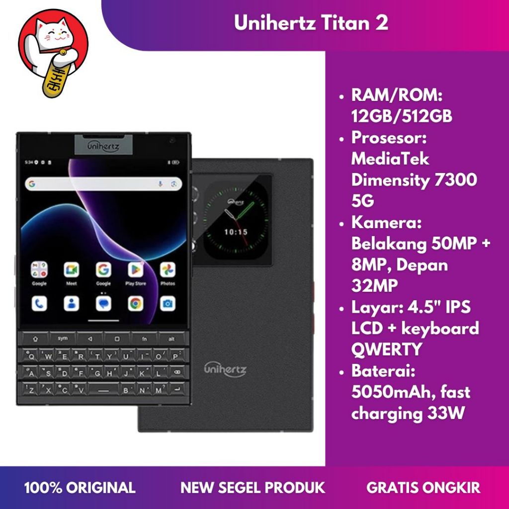 Unihertz Titan 2 5G RAM 12GB ROM 512GB Dimensity 7300 Baterai 5050mAh 33W Layar 4.5 Inch Android 15 