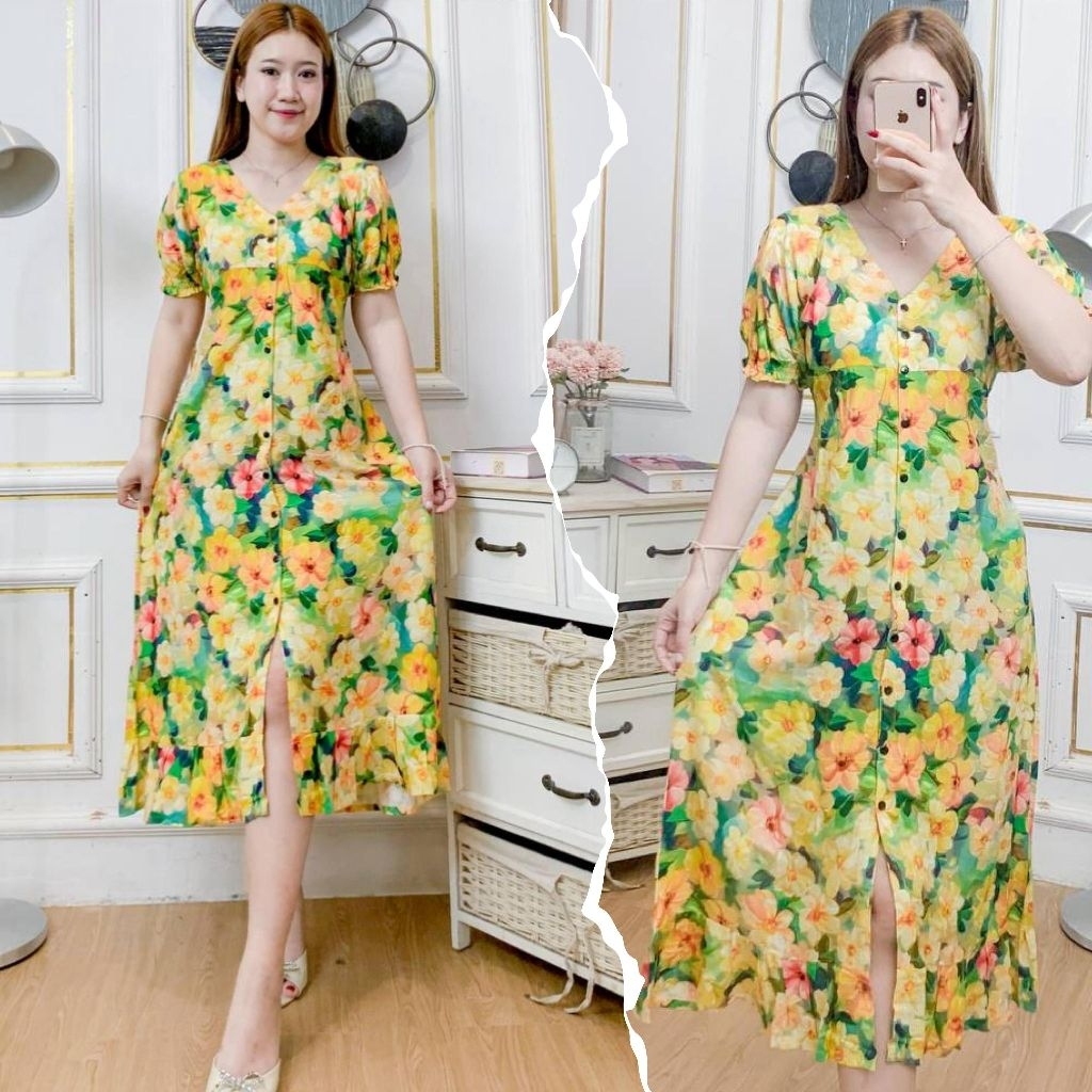 Daster Lily Daster//Dress Panjang Elegant Cantik Kekinian Model Full Kancing Depan Aktif Busui Frien