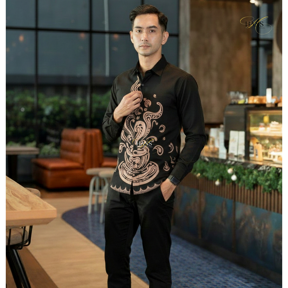 KOPI HITAM Kemeja Batik Pria Asli Solo Motif Terlaris Lapis Furing Bahan Katun Adem