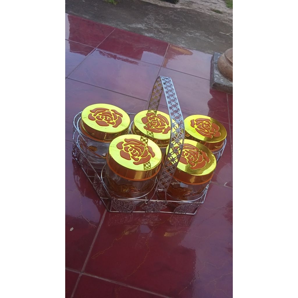 Toples Kaca Serbaguna isi 5pcs+Keranjang Set