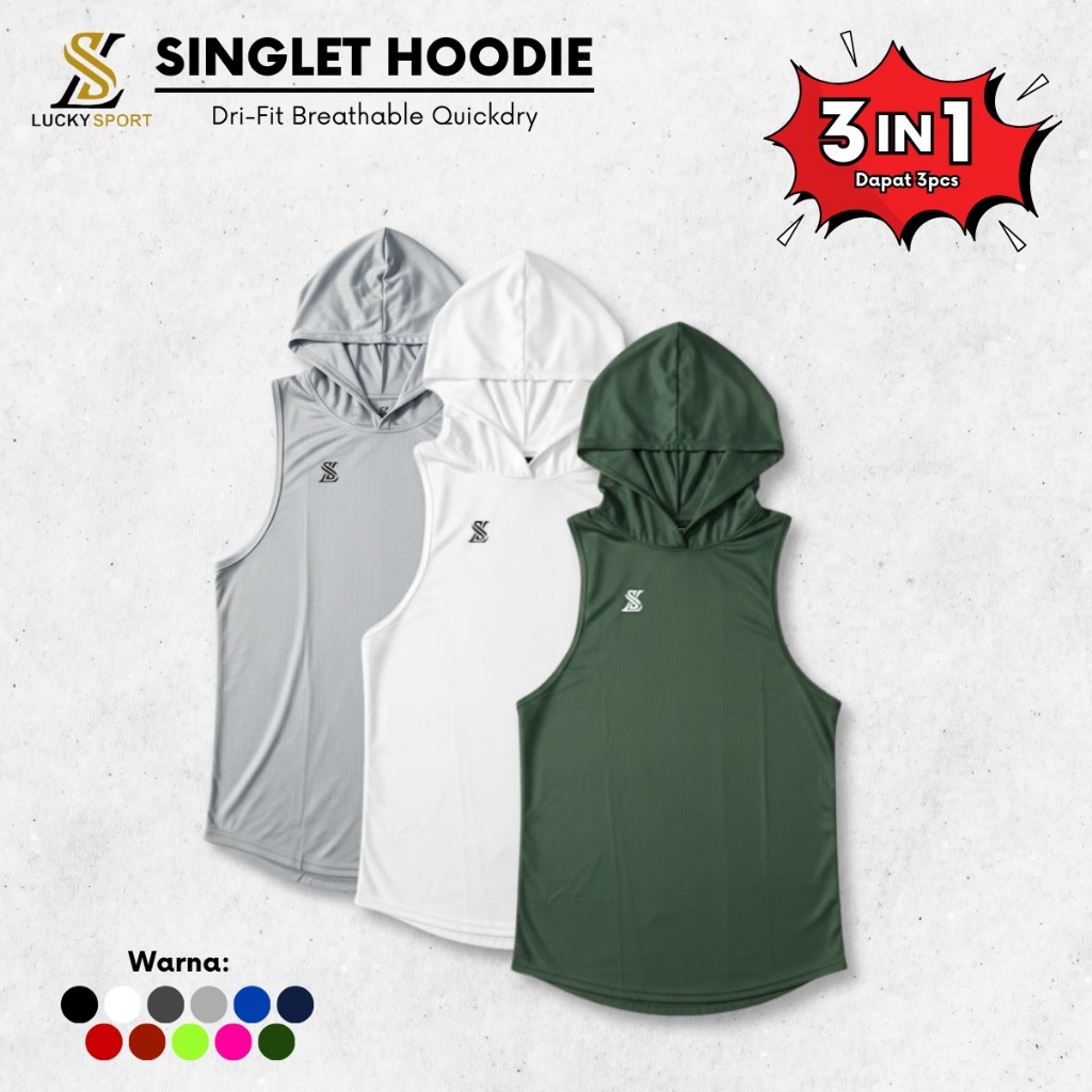 3pcs Singlet Hoodie Lekbong Kupluk Olahraga Gym Fitness Workout