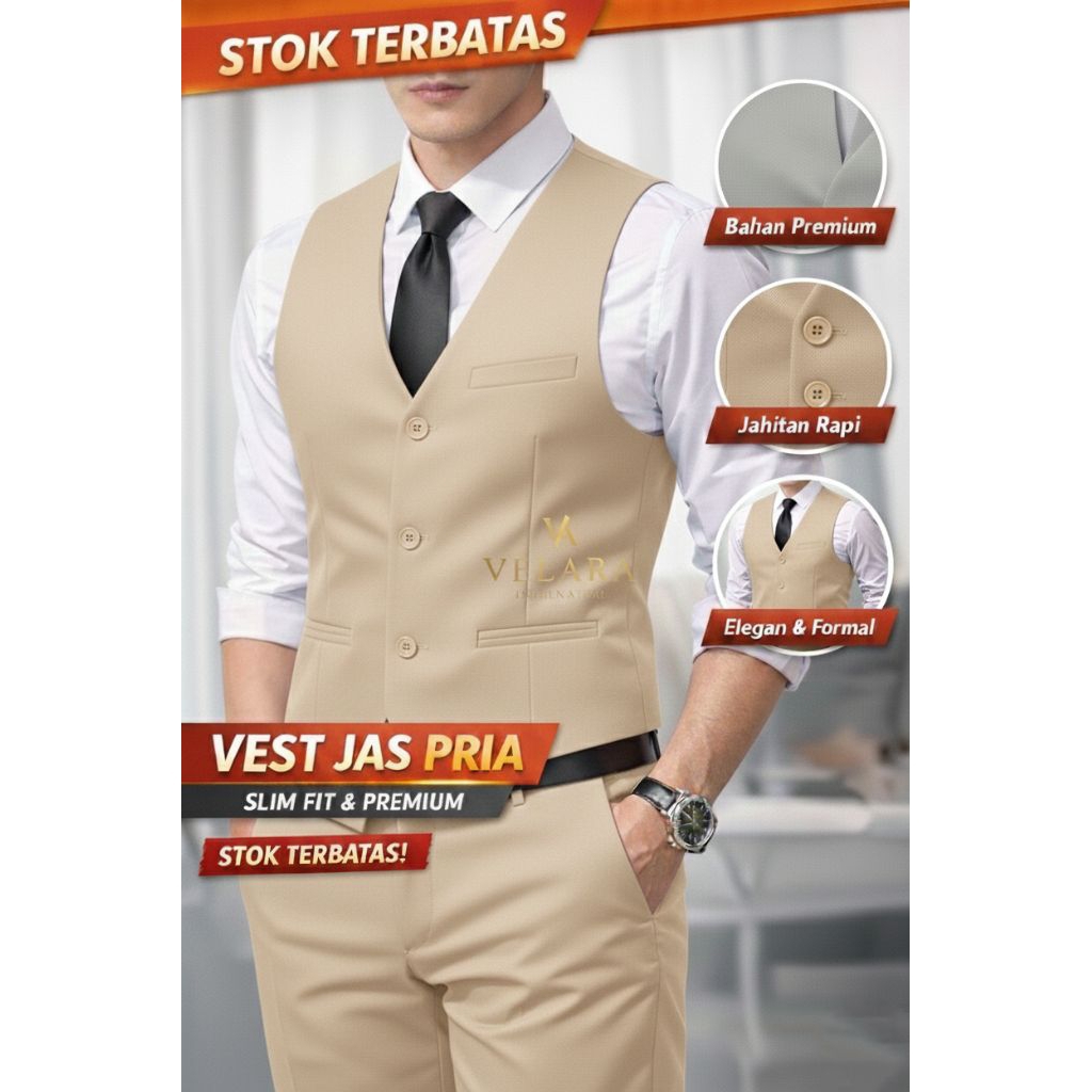 ‎Rompi Vest Pria Formal Slim Fit | Jas pria | Rompi Dalam | Rompi Vest Cream | Jas Cream - untuk Per