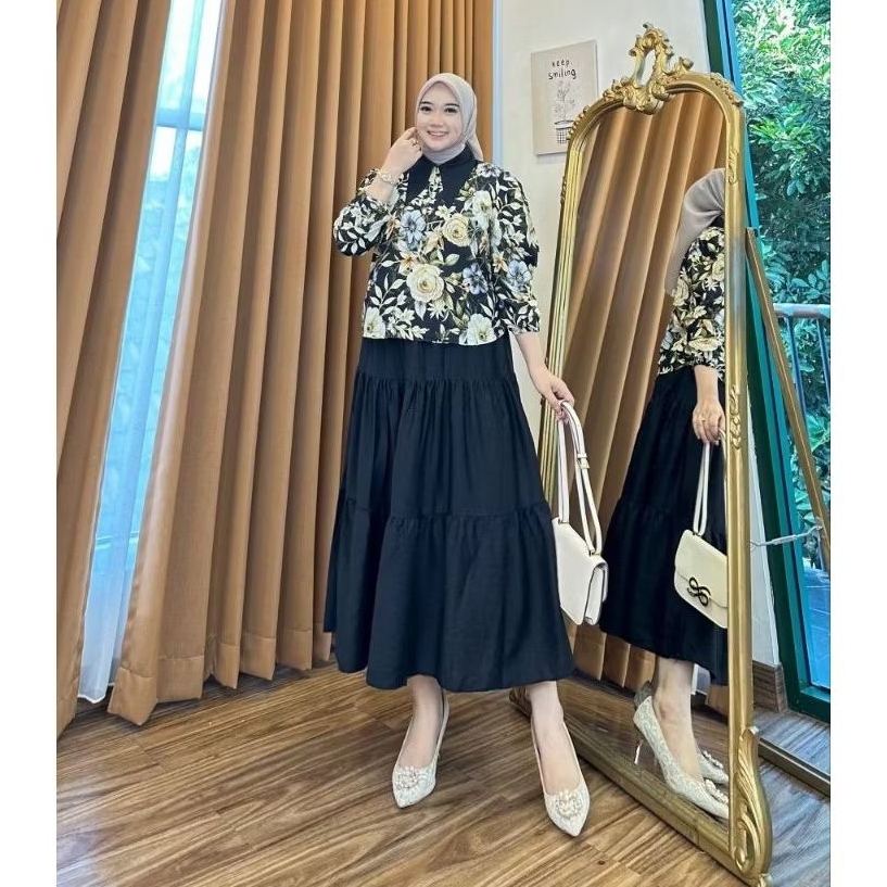 One Set Wanita Blouse Motif Bunga + Rok Panjang | Setelan Muslimah Kekinian