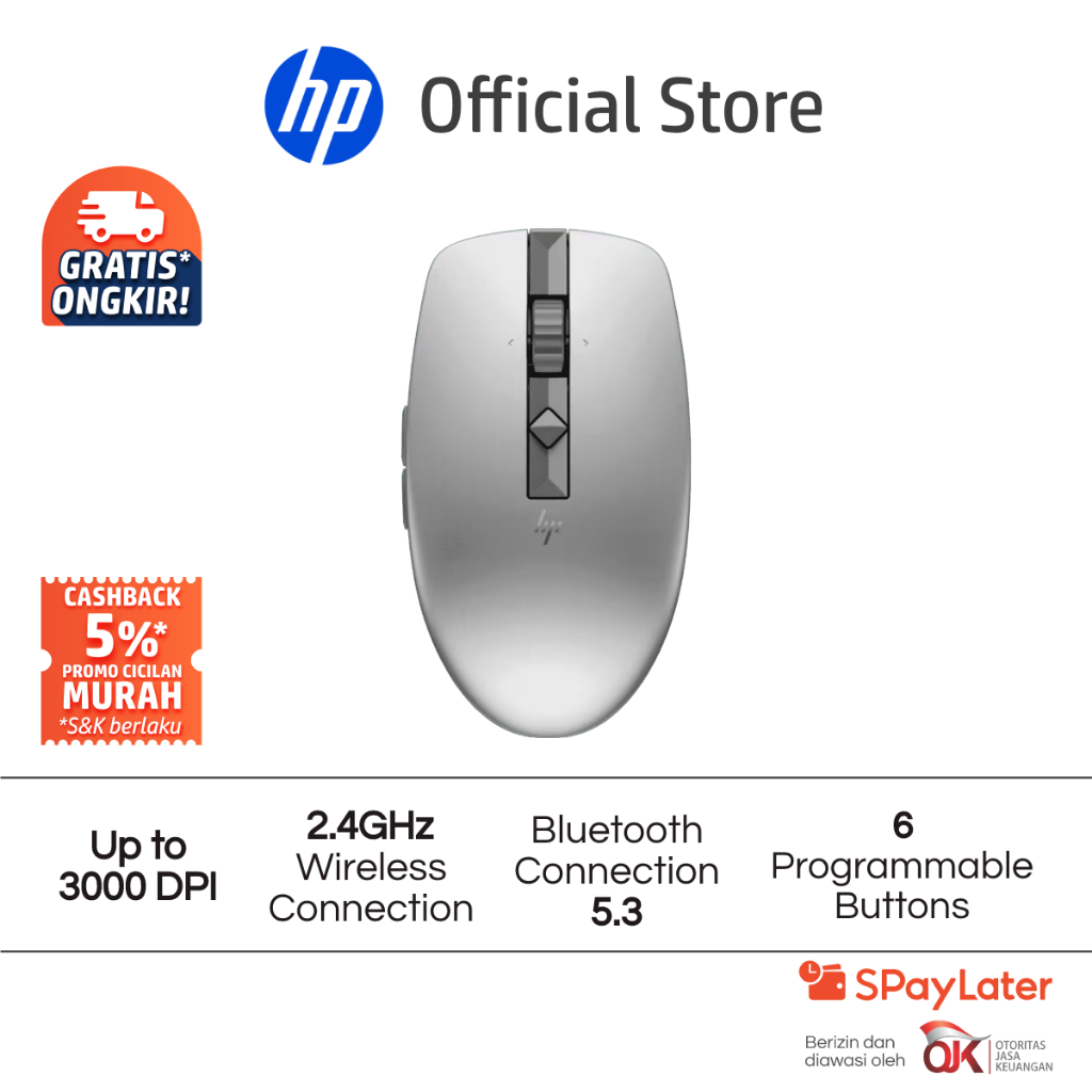 Mouse Silent HP 710 Rechargeable Silver / Black / Up to 3000 DPI Windows 11 Windows 10 Chrome OS mac