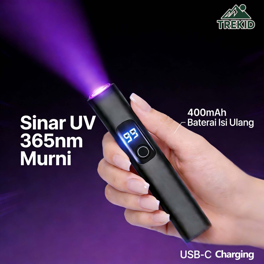 Lampu Senter UV 365nm USB-C Rechargeable – Portable, Deteksi Fluoresen & Kebocoran