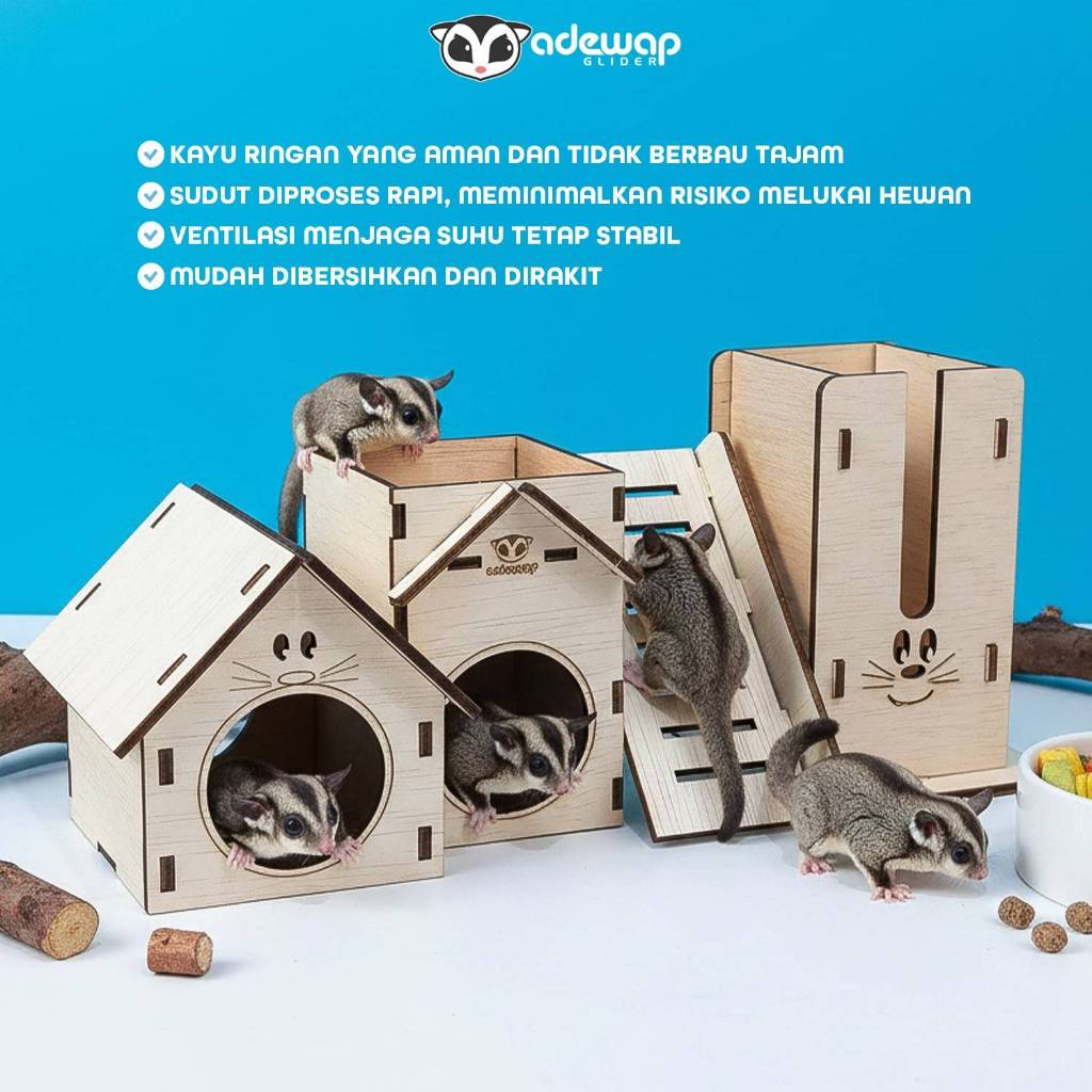 ADEWAP GLIDER Two House Laser Cut Rumah Kayu Sugar Glider Hamster Marmut Tempat Bersembunyi & Bermain Hewan Kecil