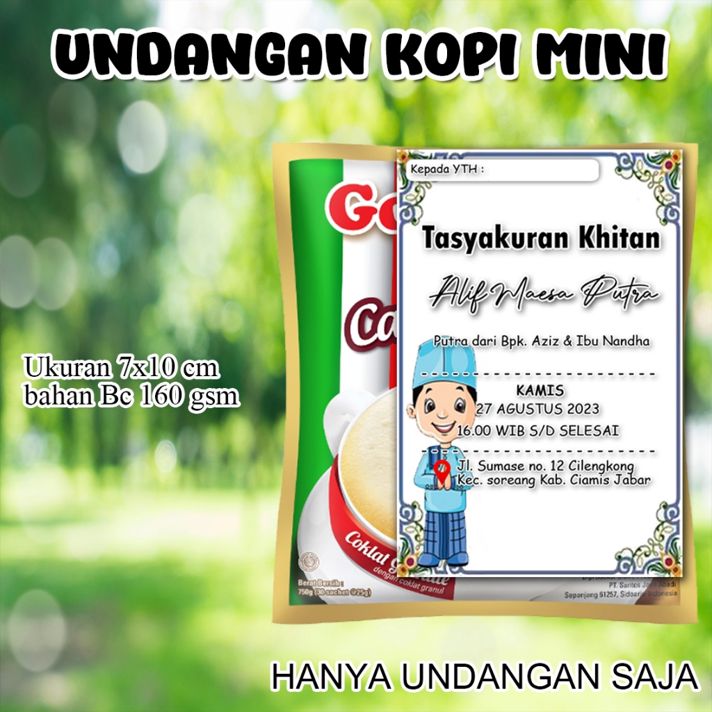 Undangan mini kopi KM 03 khitanan pernikahan ukuran 7.5 x 9 Cm bahan Karton BC