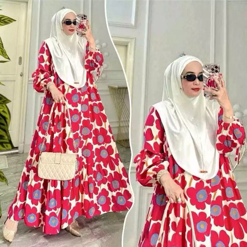 ADIBA OMAYA - GAMIS RAYON SELETING TANGAN BALON LD 110 & 120 // DRESS MUSLIMAH LENGAN PANJANG // GAM