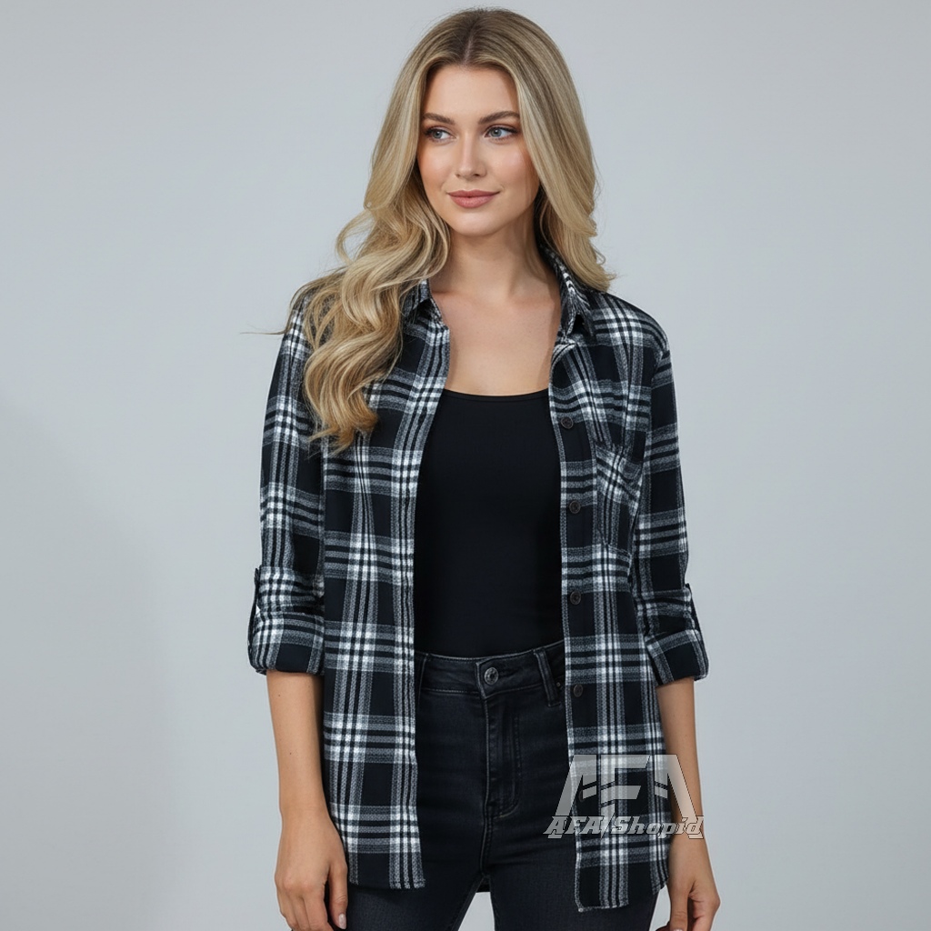 Love Creates Oversized Cotton Shirt Longsleeve Kemeja Kotak-Kotak Wanita (CY005)