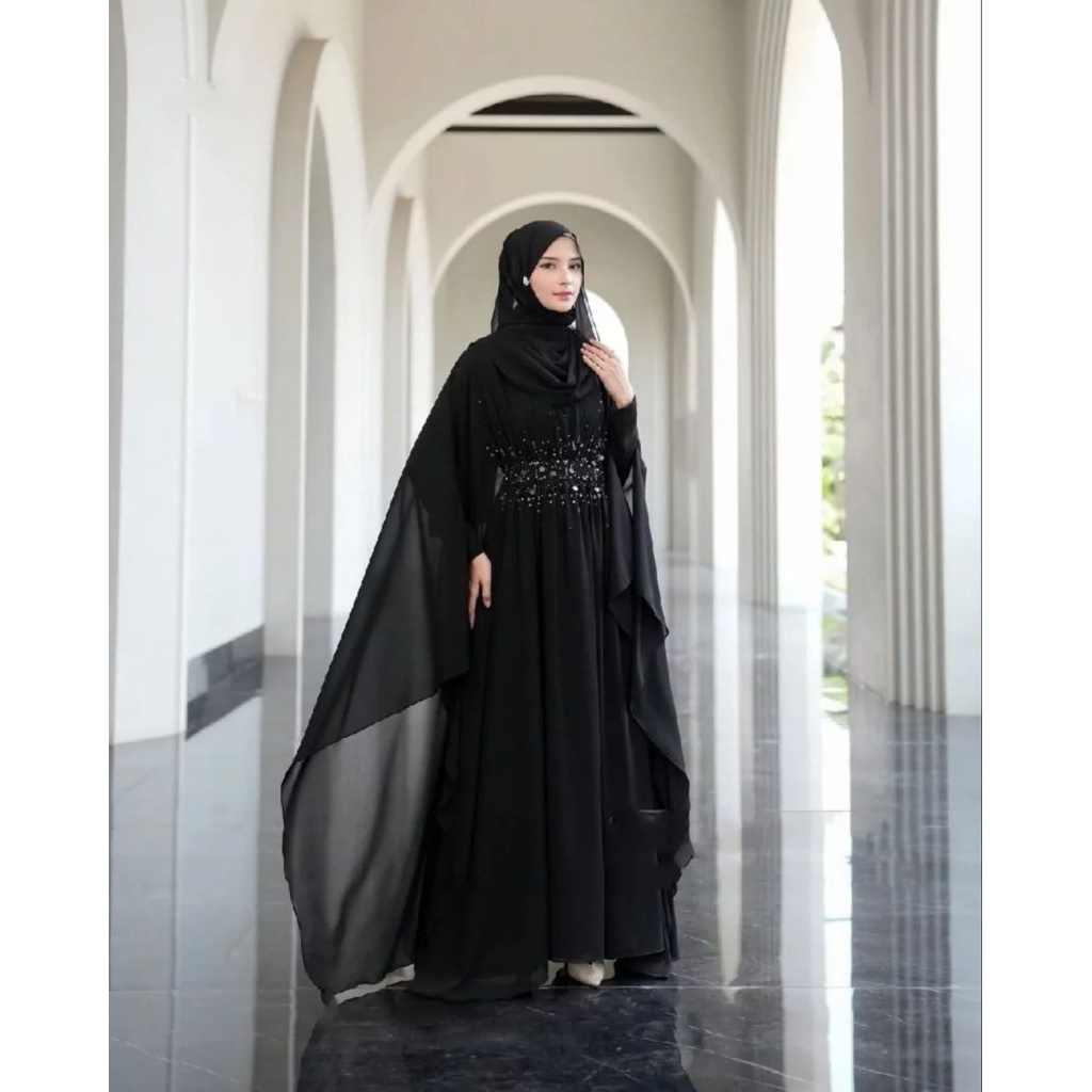 ABAYA LAYLA KAFTAN INNER DAN OUTER 2 LAYER BAHAN CERUTY BABYDOLL FULL FURING PLUS PAYET MUTIARA