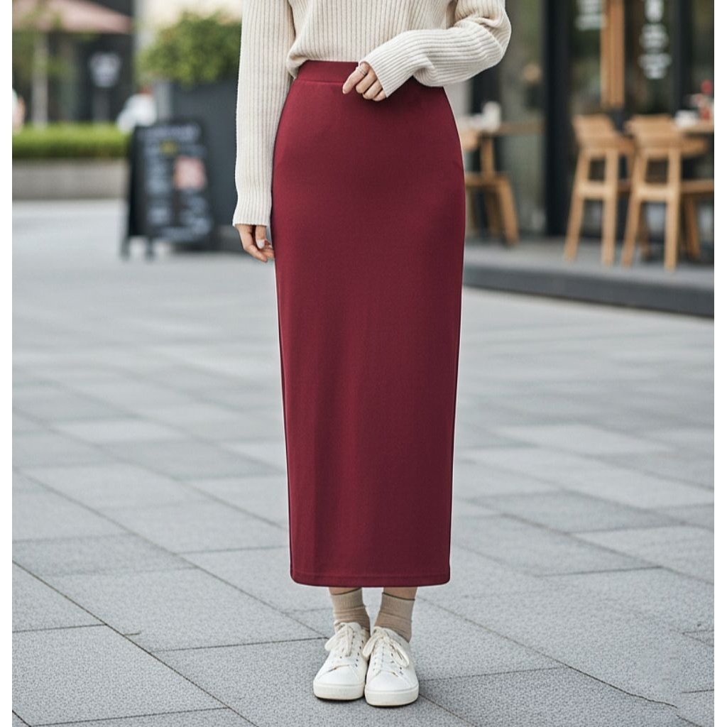 Rok Span panjang Scuba Merah Maroon payung