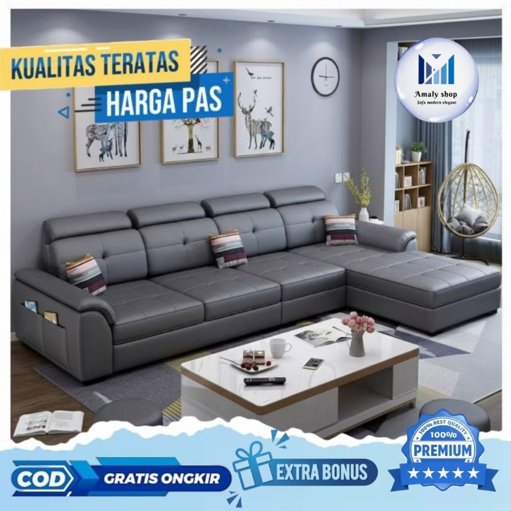 Sofa Kulit L sudut Minimalis Kualitas Premium Super Mewah Model Terbaru Sofa Keluarga Kursi Jati