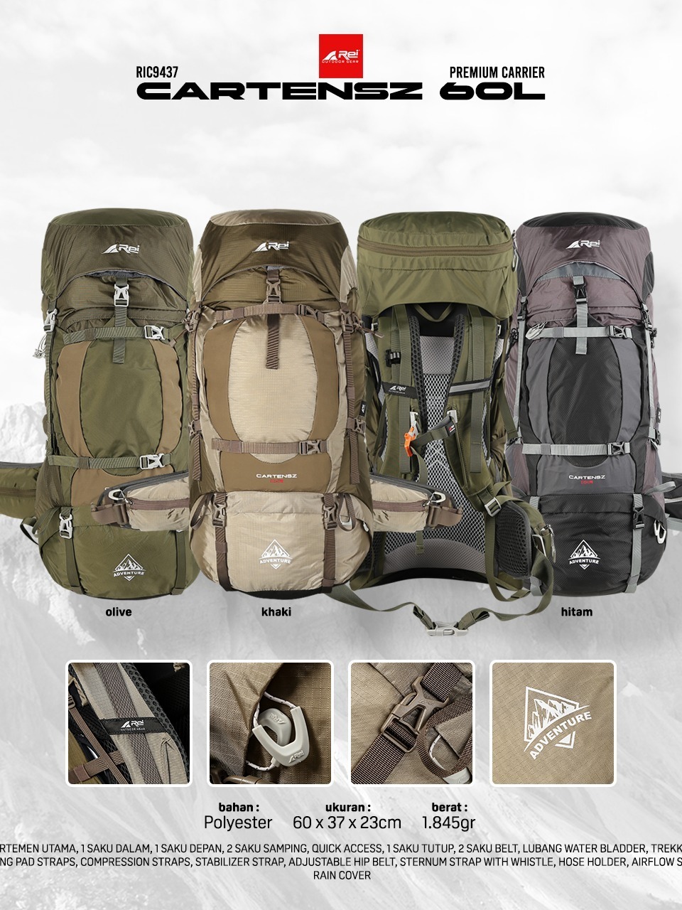 Tas Gunung / Carrier Premium Cartenz 60 Liter Arei Outdoorgear