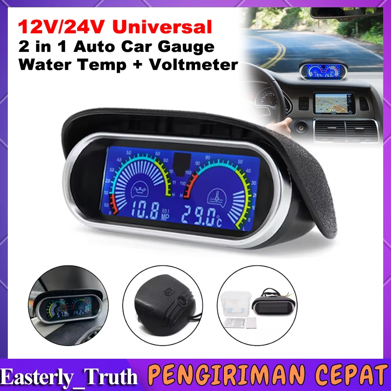 Voltmeter Universal 2 in 1 12V/24V LCD Motor Mobil Digital Horizontal Gauge Water Temperature