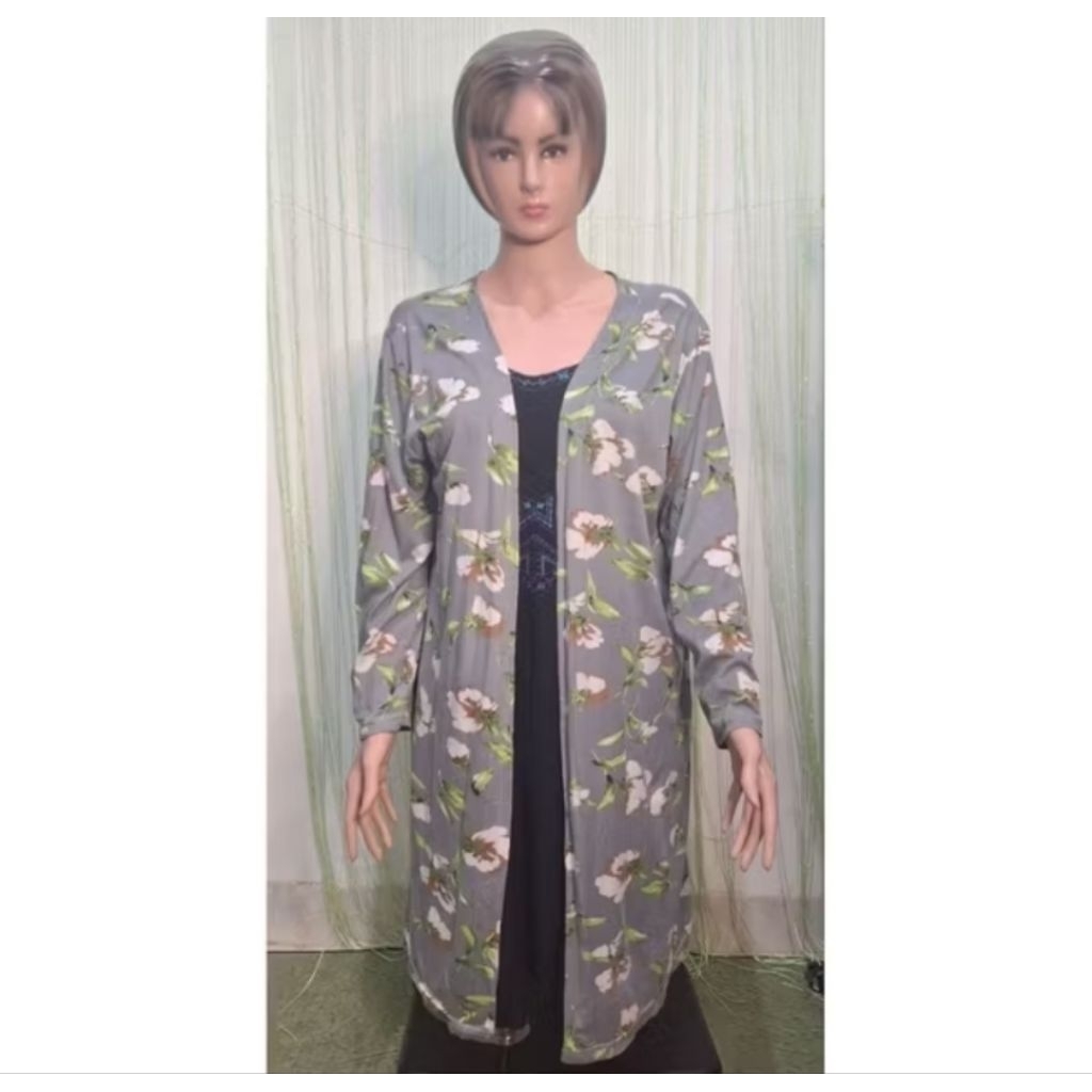 outer cardigan wanita lengan panjang abu-abu motif bunga