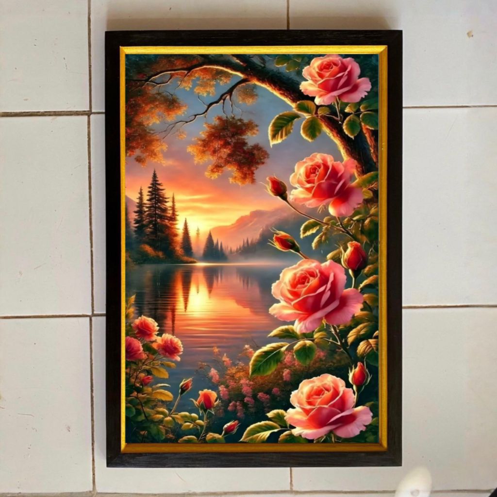 hiasan dinding lukisan cetak plus bingkai ukuran 65x45cm gambar bunga mawar aesthetic dan pemandanga