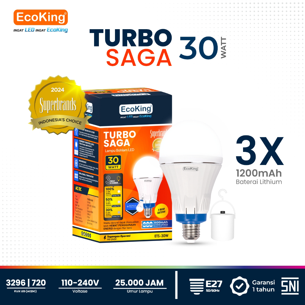 EcoKing Lampu Darurat Bohlam Rumah LED Turbo Saga EMERGENCY Tahan Lama 20W Cahaya Putih (DC 3 Level)