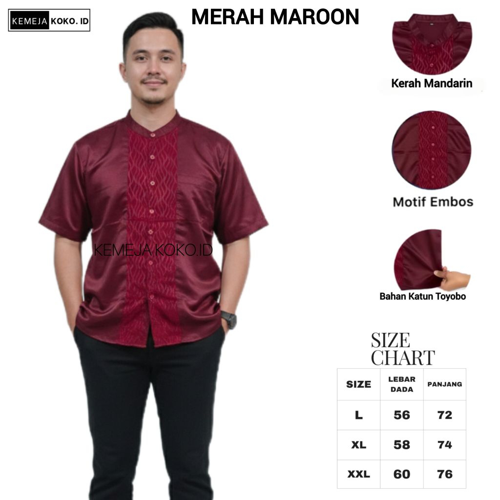 Baju Koko Pria Lengan Pendek | Baju Koko Warna Merah Maroon Katun TOYOBO Motif Embos Premium | Kemej