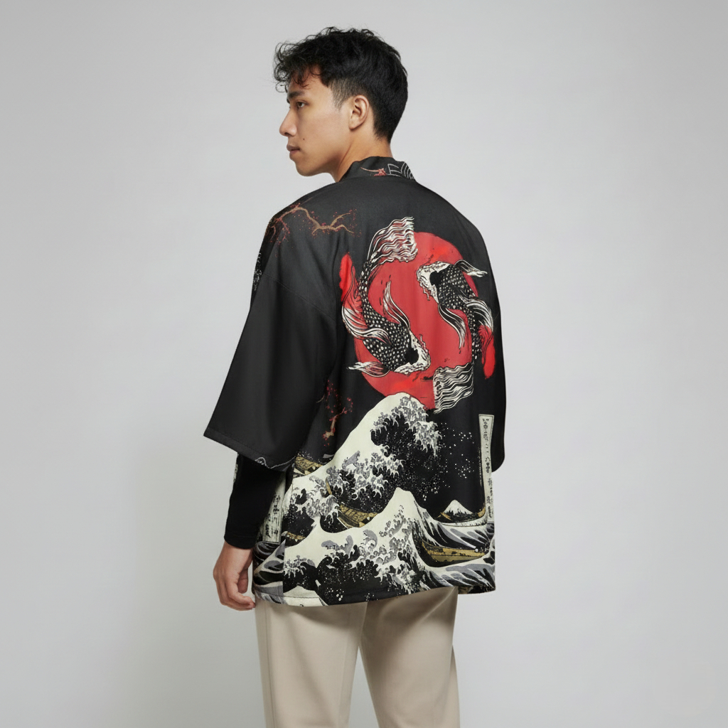 Kimono Haori Polyester Black Red Sun Koi Fish Premium