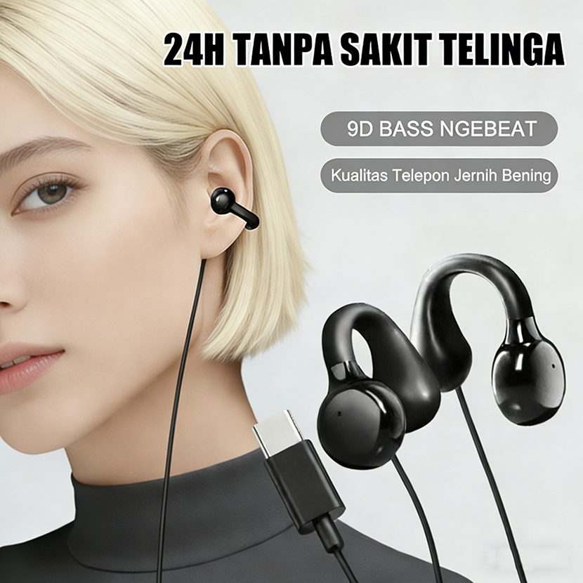 Headset Gaming Type C OWS Ear Clip Open Ear 0 Delay Super Bass Nendang Mic Jernih Earphone Kabel Tid