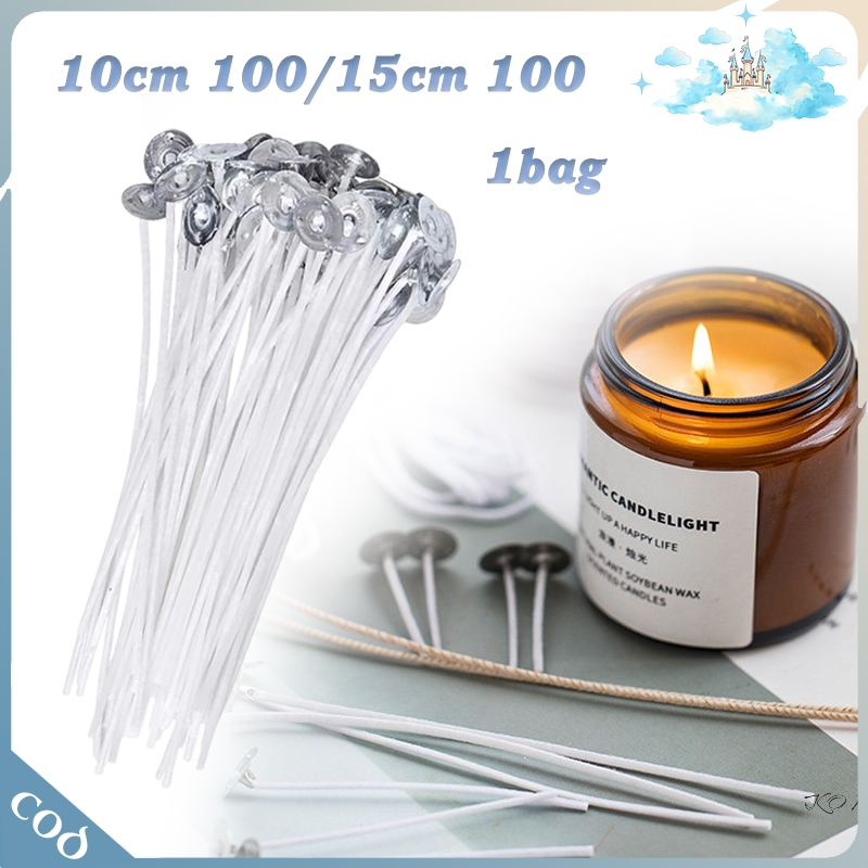-100Pcs- Sumbu Lilin Putih Katun Wax Besi Galvanis 10cm/15cm Tanpa Asap Bau Untuk Lilin Besar Gelas