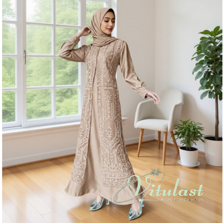 Gaun Pesta Brukat Mewah Satin Wanita Kekinian Busui Gamis Tile Motif Mewah