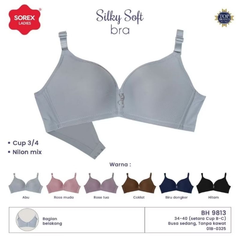 SOREX BRA 9813 SILKY SOFT BRA TANPA KAWAT BUSA TIPIS CUP B-C SIZE 34 36 38 40