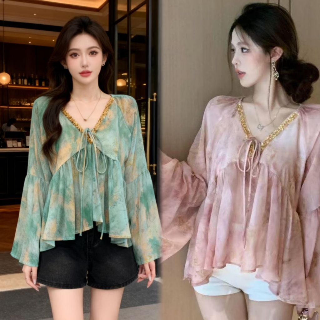 Atasan VNeck Sifon Blouse Wanita V Neck Bahan Sifon Lengan Panjang Model Casual Outer Feminin