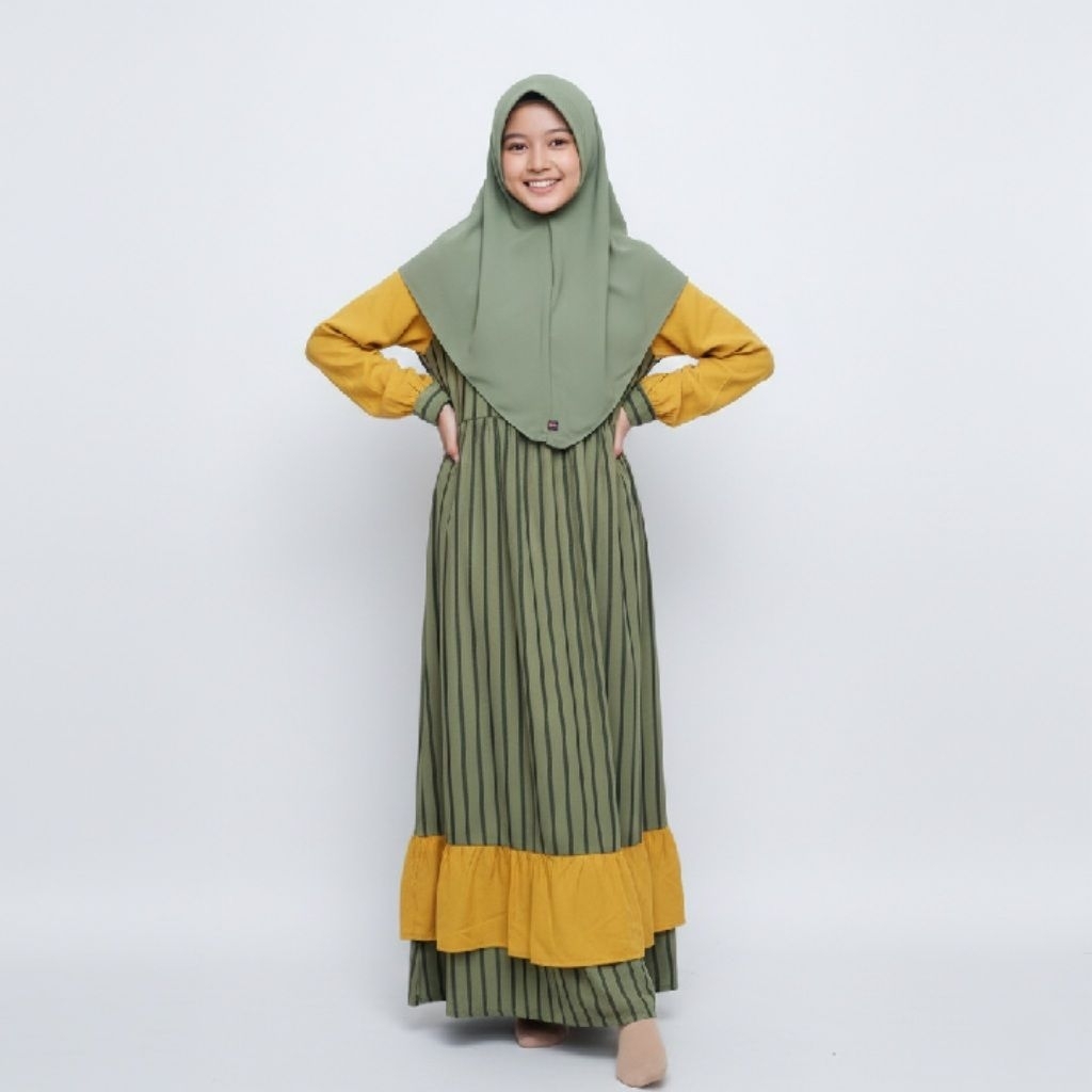 Gamis Anak Konveksi Salur Hijau + Hijab Instan