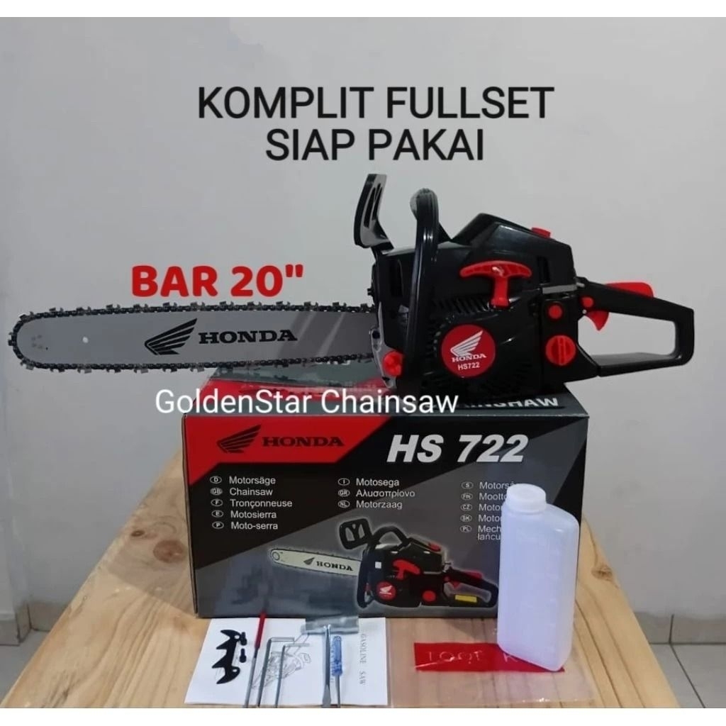 Chainsaw Honda HS 722 Komplit Bar 20" & 24" dan Rantai Siap Pakai. Gergaji Mesin Senso Sinso Honda H